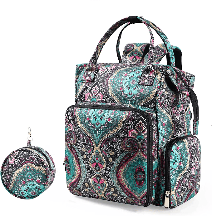 Colorful patterned backpack with intricate designs, featuring a detachable round pouch.