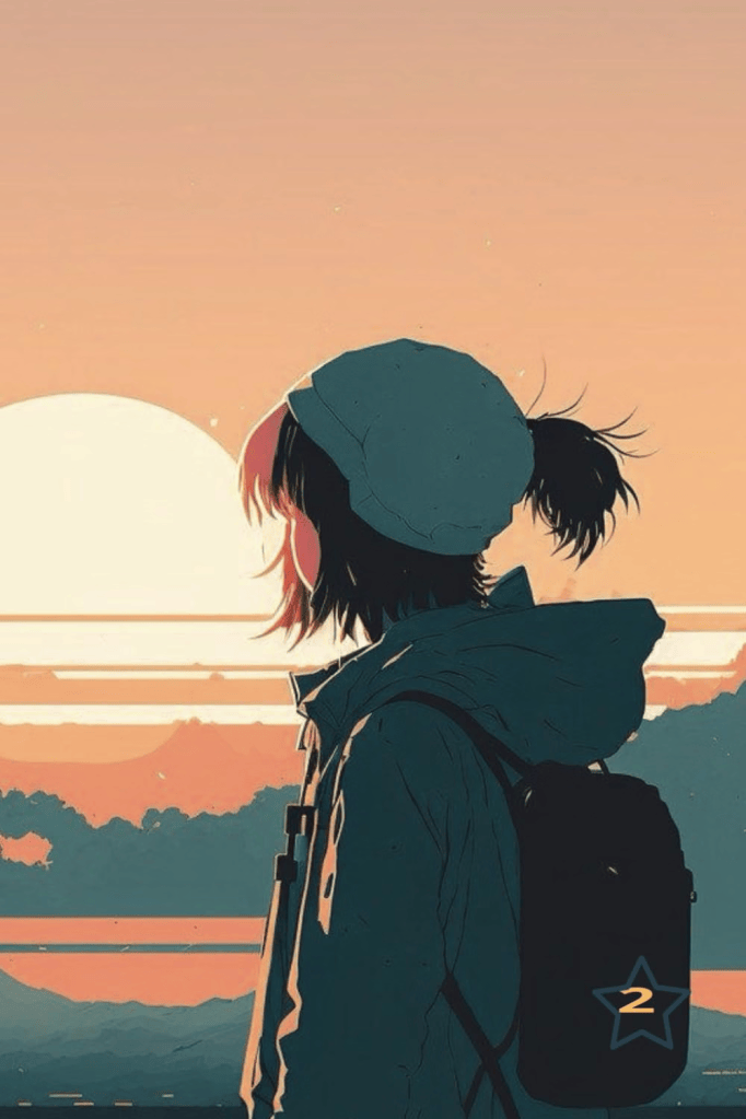 Silhouette of a girl wearing a beanie and backpack, gazing at a sunset with mountains in the background.