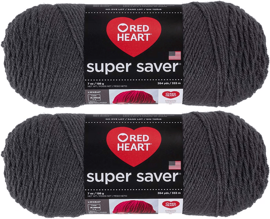 Two skeins of Red Heart Super Saver yarn in a dark gray color, each labeled with weight and yardage information.